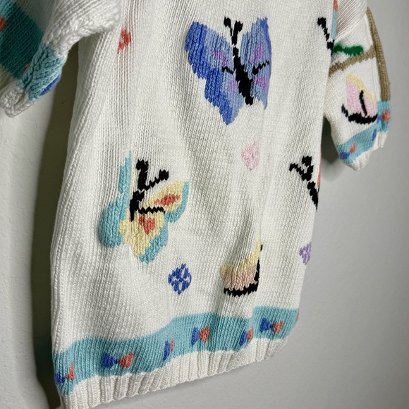 BEREK Vintage Hand Knit 100% Cotton Butterfly Patterned White Sweater - Picture 2 of 4